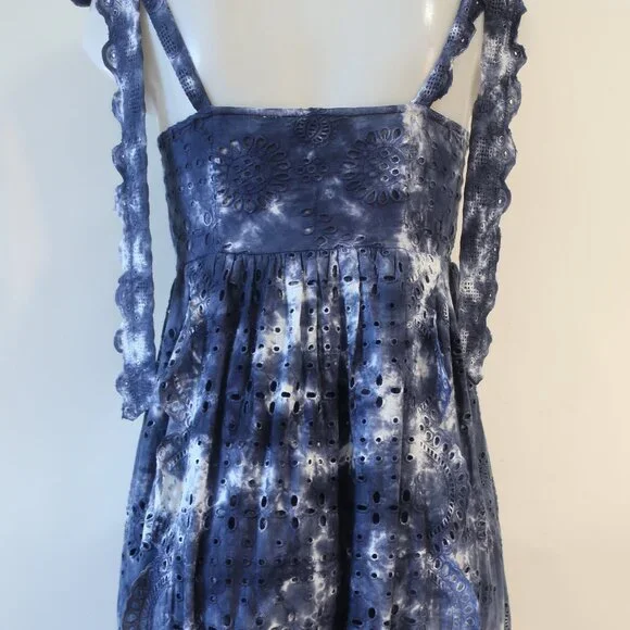 Womens LoveShackFancy Navy Blue White Tie Dye Eyelet Shoulder Ties Midi Dress 0 - Picture 13 of 15